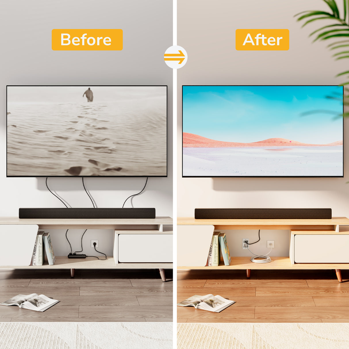 A side-by-side comparison shows a TV setup before and after using the Mount-It! In-Wall Cable Management Kit with USB and Power Input Module: left—wires exposed; right—cables hidden for a cleaner, neater look. TV images and lighting also differ.