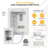 The Mount-It! In-Wall Cable Management Kit with USB and Power Input Module is a white recessed outlet for TVs, sound bars, HDMI, and more. It features USB/USB-C ports, a 9ft power cord, and extension for versatile in-wall cable management.