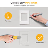 A hand traces a rectangle for installing the Mount-It! In-Wall Cable Management Kit with USB and Power Input Module, then cuts along the outline. Text: Quick & Easy Installation.