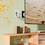 A wall-mounted TV with cords concealed by the Mount-It! In-Wall Cable Management Kit with USB and Power Input Module above a wooden media console holding speakers, books, and a coiled cable; a leafy branch appears on the left.