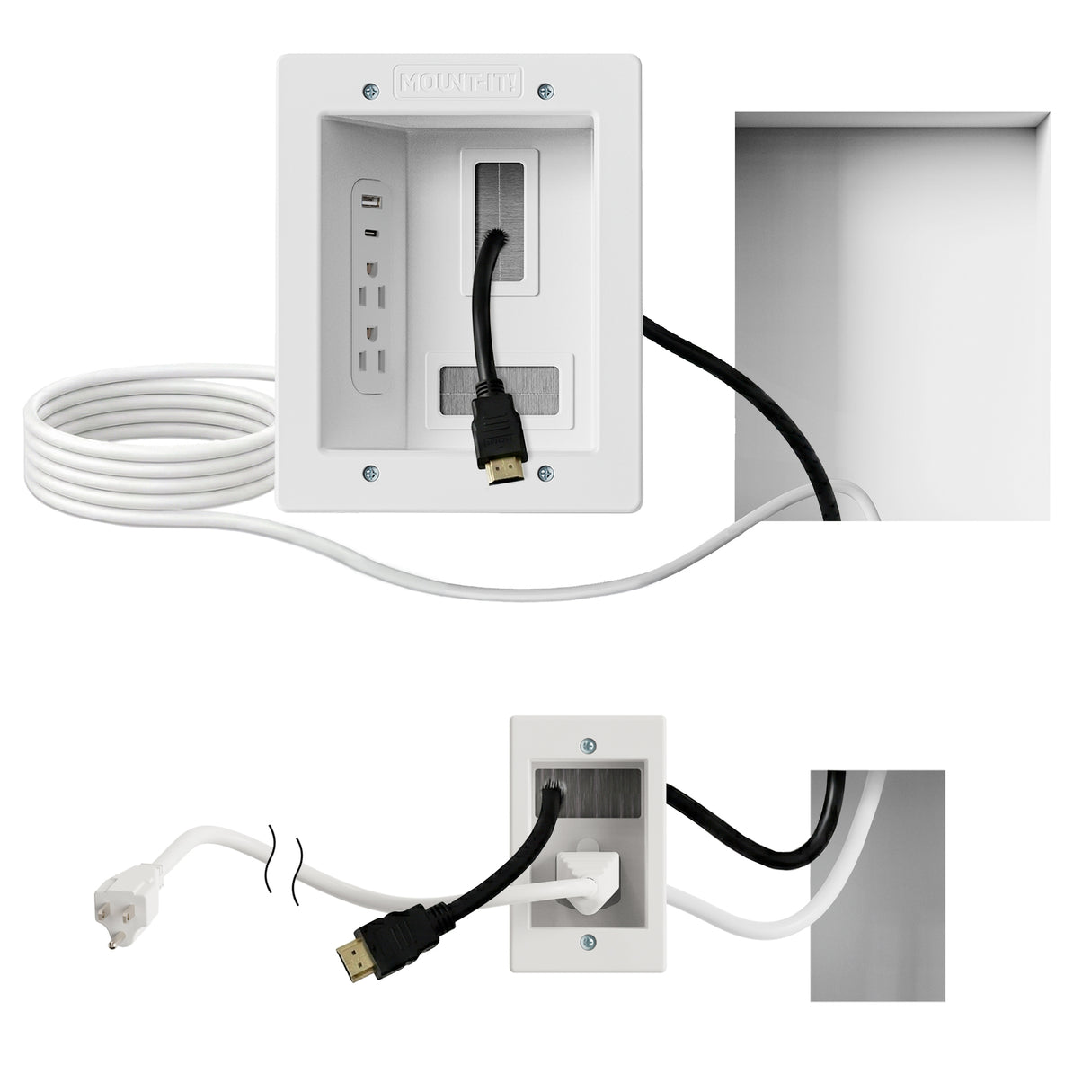 The Mount-It! In-Wall Cable Management Kit with USB and Power Input Module is shown, featuring a white wall plate with power, HDMI, and USB-C ports for organized in-wall TV cable management.