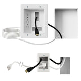 The Mount-It! In-Wall Cable Management Kit with USB and Power Input Module is shown, featuring a white wall plate with power, HDMI, and USB-C ports for organized in-wall TV cable management.