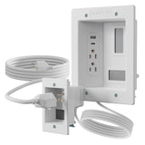 The Mount-It! In-Wall Cable Management Kit with USB and Power Input Module features two standard outlets, a USB-C wall outlet, two USB ports, wall plate, and long extension cord for organized TV cable management and clean installation.