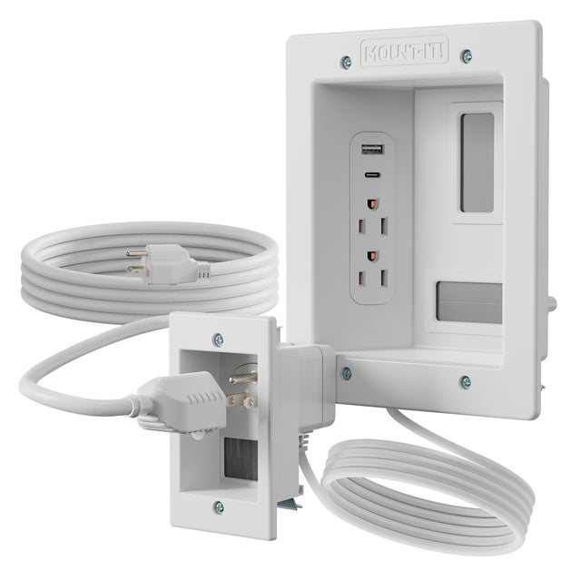 The Mount-It! In-Wall Cable Management Kit with USB and Power Input Module features two standard outlets, a USB-C wall outlet, two USB ports, wall plate, and long extension cord for organized TV cable management and clean installation.