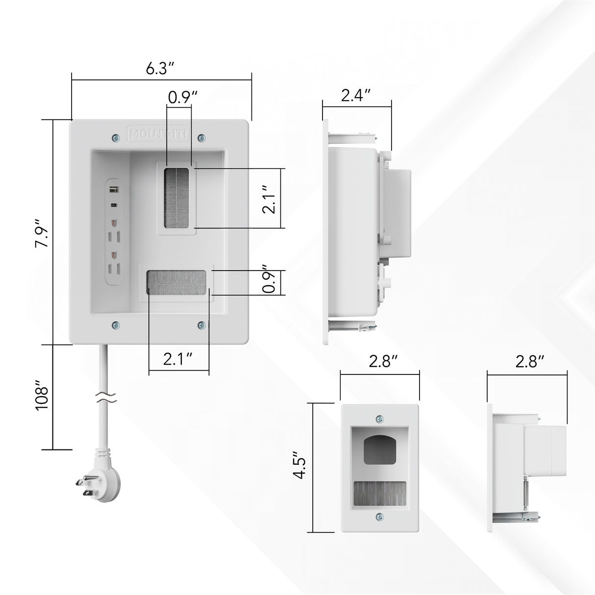 Technical diagram of the Mount-It! In-Wall Cable Management Kit with USB and Power Input Module, showing labeled dimensions: 7.9 x 5.1 x 2.8 overall, 2.1" ports, 2.4" depth, and a 4.5" section; visible power cable included.