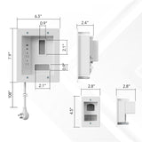 Technical diagram of the Mount-It! In-Wall Cable Management Kit with USB and Power Input Module, showing labeled dimensions: 7.9 x 5.1 x 2.8 overall, 2.1" ports, 2.4" depth, and a 4.5" section; visible power cable included.