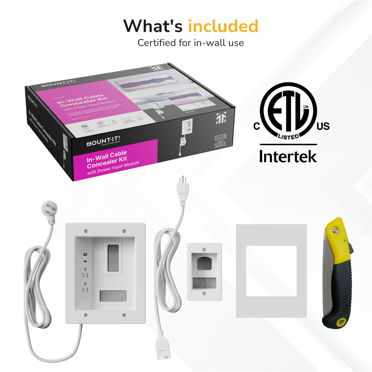 Mount-It! In-Wall Cable Management Kit with USB and Power Input Module shown with white wall plates, power cords, recessed outlet, utility knife, mounting plate, product box, included items list, and certification logos.