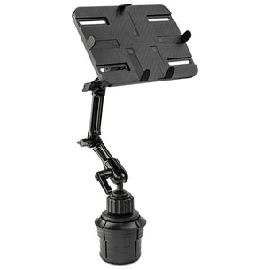 The Mount-It! Heavy-Duty Cup Holder Tablet ELD Mount securely holds your tablet in place with an adjustable black holder and tray, designed for vehicles or commercial trucks—ideal as a reliable ELD tablet mount.