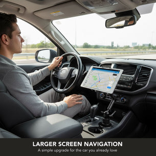 A man drives a car with the Mount-It! Carbon Fiber Cup Holder Tablet ELD Mount holding a tablet on the dashboard, displaying navigation. Text reads, LARGER SCREEN NAVIGATION: A simple upgrade for the car you already love.