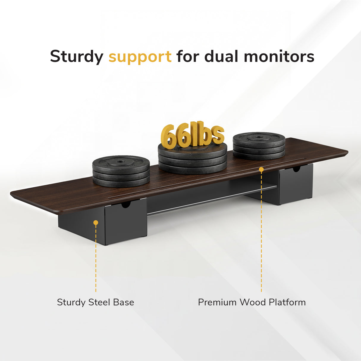 The Mount-It! Extra Wide Monitor Riser with Drawers and Shelf features a dark wood platform and sturdy steel base, supports up to 66 lbs, and provides ergonomic benefits for dual monitors. Labels highlight the organized design with storage.