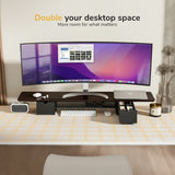 A modern desk features the Mount-It! Extra Wide Monitor Riser with Drawers and Shelf, holding a curved monitor, alongside a keyboard, mouse, organizer boxes, laptop, and gadgets. Text above: Double your desktop space—More room for what matters.