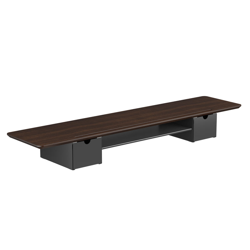 The Mount-It! Extra Wide Monitor Riser with Drawers and Shelf in dark brown features black end supports and a central open compartment, making it a stylish desk organizer, shown against a plain white background.