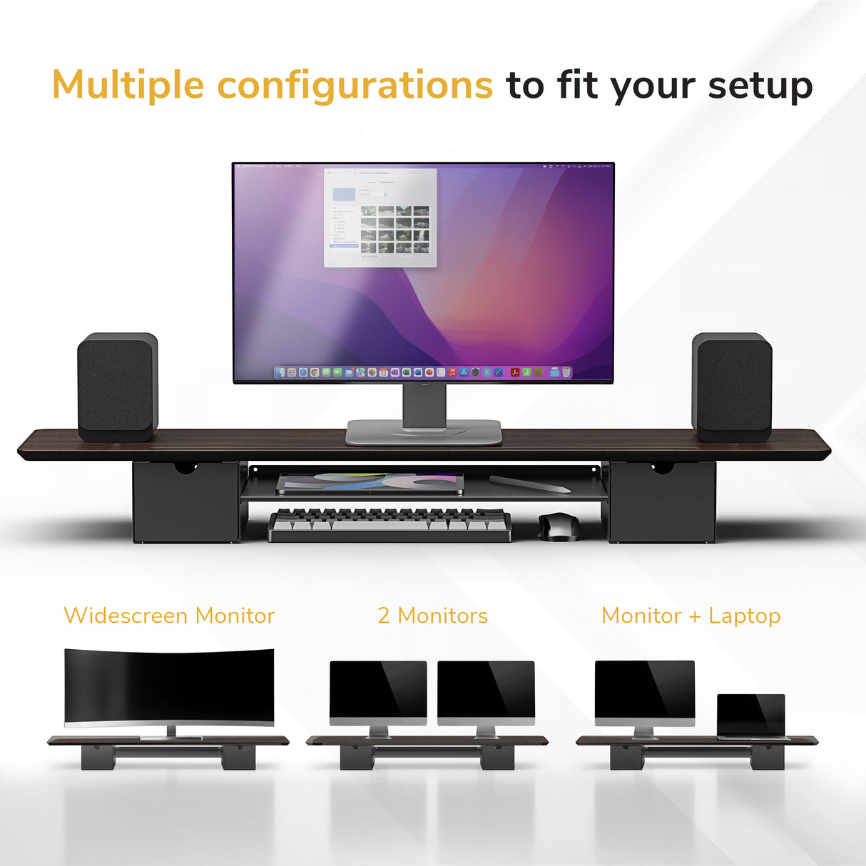 A Mount-It! Extra Wide Monitor Riser with Drawers and Shelf holds a widescreen monitor, speakers, and keyboard. Text reads, "Multiple configurations to fit your setup," with images of various monitor arrangements below.