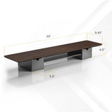 The Mount-It! Extra Wide Monitor Riser with Drawers and Shelf features black supports, a wooden build, and measures 39" L x 9.45" D x 4.9" H—ideal as a desk organizer with 5.5" between supports for extra storage space.