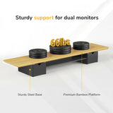The Mount-It! Extra Wide Monitor Riser with Drawers and Shelf features a premium bamboo platform and sturdy steel base, offering ergonomic support for dual monitors while holding up to 66 lbs. Includes drawers and shelf for added organization.