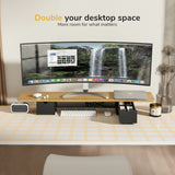 A modern desk setup featuring the Mount-It! Extra Wide Monitor Riser with Drawers and Shelf, curved monitor, keyboard, mouse, organizer, mini fan, and plant. Text above: Double your desktop space. More room for what matters.