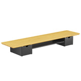 The Mount-It! Extra Wide Monitor Riser with Drawers and Shelf in bamboo features a light wood top, black rectangular supports, and a central open shelf—offering sleek, ergonomic organization for your desk.