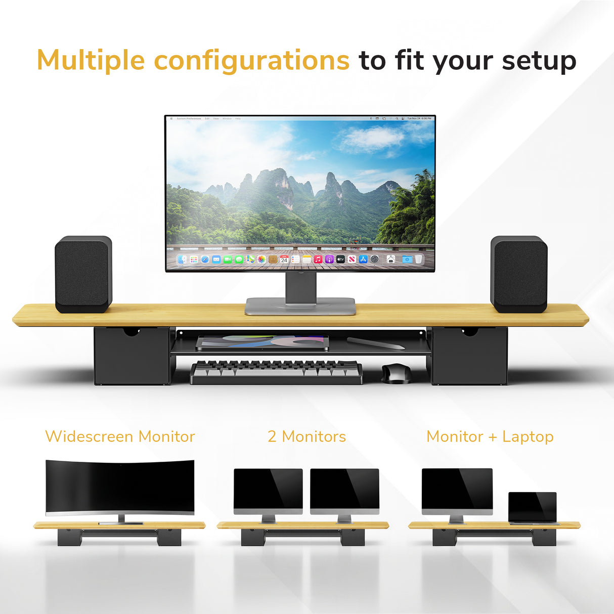 The Mount-It! Extra Wide Monitor Riser with Drawers and Shelf offers ergonomic elevation for your workspace; it supports a widescreen monitor, dual monitors, or a monitor plus laptop, with storage for speakers and keyboard underneath.