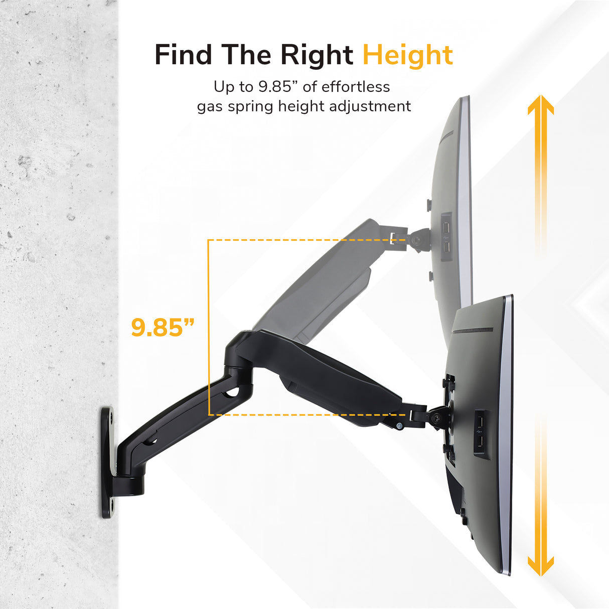 The Mount-It! Single Monitor Wall Mount Arm features gas spring arms for secure monitor support and VESA compatibility, allowing vertical height adjustment up to 9.85 inches, highlighted by an orange arrow and text.