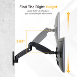The Mount-It! Single Monitor Wall Mount Arm features gas spring arms for secure monitor support and VESA compatibility, allowing vertical height adjustment up to 9.85 inches, highlighted by an orange arrow and text.