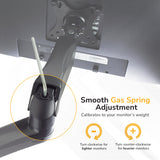 The Mount-It! Single Monitor Wall Mount Arm uses an Allen wrench to adjust the gas spring. Turn clockwise for lighter and counter-clockwise for heavier monitors; icons show each direction. Compatible with VESA monitors.