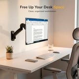 Achieve a clean, minimalist desk with the Mount-It! Single Monitor Wall Mount Arm—VESA compatible for optimal organization. Pair with a wireless keyboard, mouse, potted plant, glass of water, and ergonomic chair to free up your workspace.