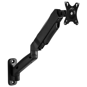 The Mount-It! Single Monitor Wall Mount Arm, shown in black with a gas spring arm and VESA-compatible plate, is adjustable and extends outward against a white background.