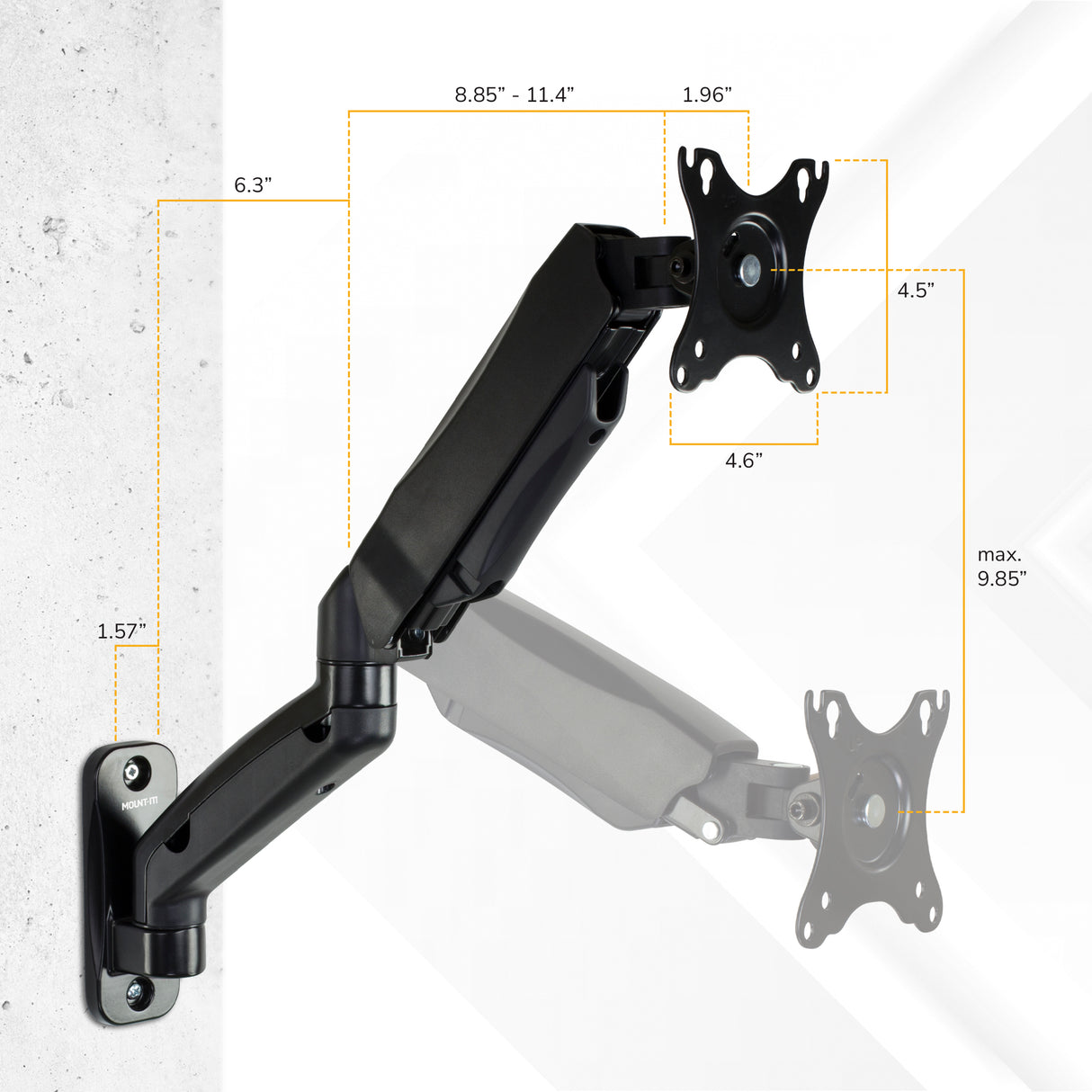 The Mount-It! Single Monitor Wall Mount Arm is a black, VESA-compatible mount with adjustable gas spring arms. Measurements: arm extension 8.85–11.4", base to joint 6.3", wall plate height 1.57", monitor plate 4.5x4.6", max vertical range 9.85".