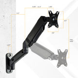 The Mount-It! Single Monitor Wall Mount Arm is a black, VESA-compatible mount with adjustable gas spring arms. Measurements: arm extension 8.85–11.4", base to joint 6.3", wall plate height 1.57", monitor plate 4.5x4.6", max vertical range 9.85".