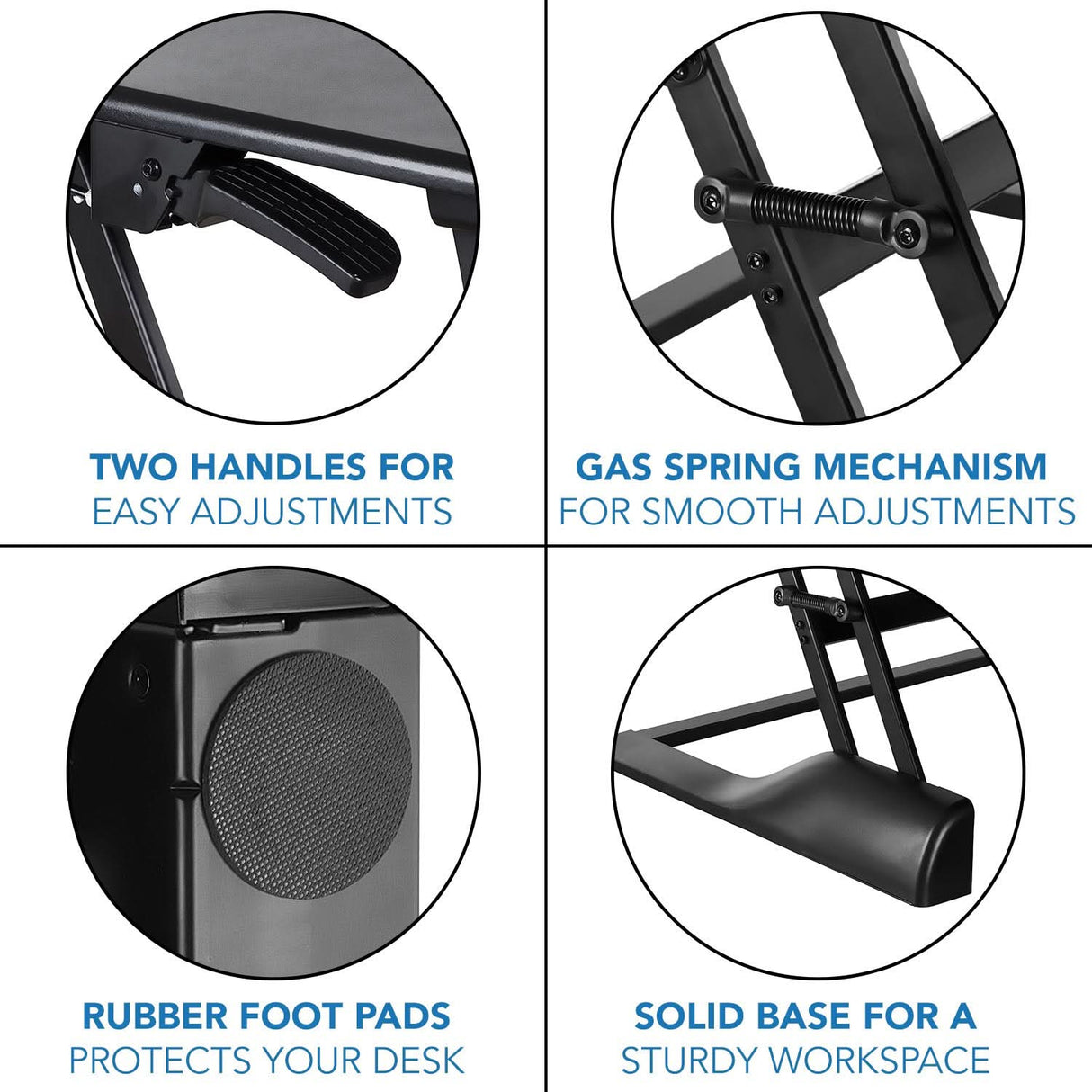 Four close-up images display Mount-It! Standing Desk Converter features: adjustable handles, a gas spring mechanism, rubber foot pads to protect your desk, and a sturdy base—ideal for dual monitors. Each feature is labeled below.