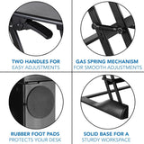 Four close-up images display Mount-It! Standing Desk Converter features: adjustable handles, a gas spring mechanism, rubber foot pads to protect your desk, and a sturdy base—ideal for dual monitors. Each feature is labeled below.