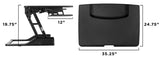 The Mount-It! Standing Desk Converter in black features a 35.25" wide by 24.75" deep desktop, an ergonomic keyboard tray with a 12" depth, and adjusts up to 19.75" high—ideal for dual monitors.