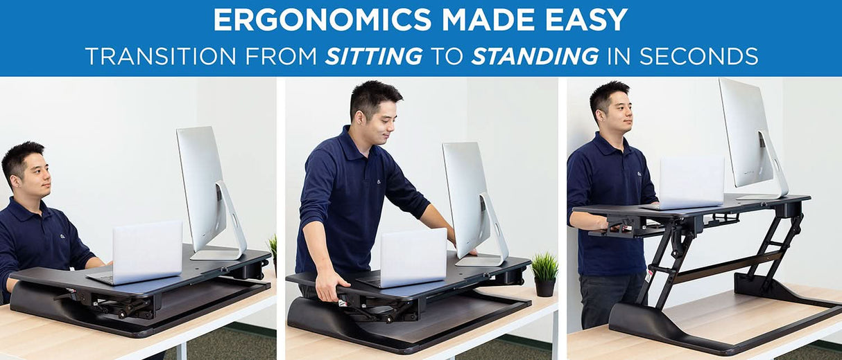 Three side-by-side images show a man at a desk using the Mount-It! Standing Desk Converter: first seated, then raising the converter, and finally standing while working at an elevated monitor with an ergonomic keyboard tray.