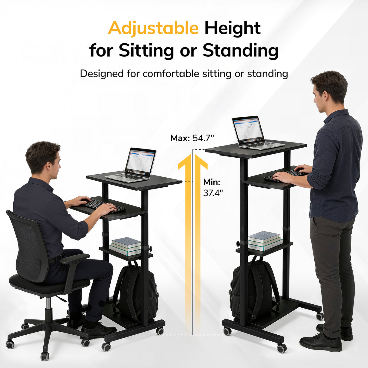 Two men use the Mount-It! Height Adjustable Rolling Stand up Desk—one sitting and typing at a lower level, the other standing at the raised cart. Its height adjusts from 37.4" to 54.7" and locking casters make moving it easy.