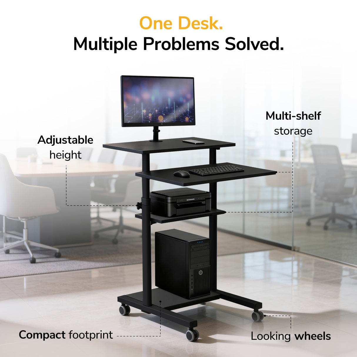 The Mount-It! Height Adjustable Rolling Stand up Desk in black features multiple shelves, locking casters, and adjustable height, holding a monitor, keyboard, mouse, printer, and computer tower in a modern office.