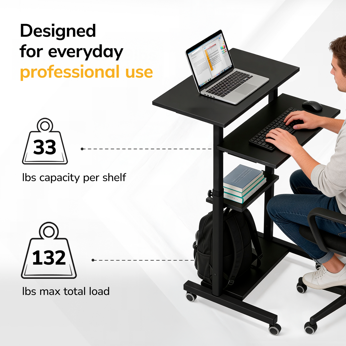 A man uses the Mount-It! Height Adjustable Rolling Stand up Desk with three black shelves for a laptop, books, and backpack. Locking casters provide stability. Each shelf supports 33 lbs; total capacity is 132 lbs—perfect for daily professional use.