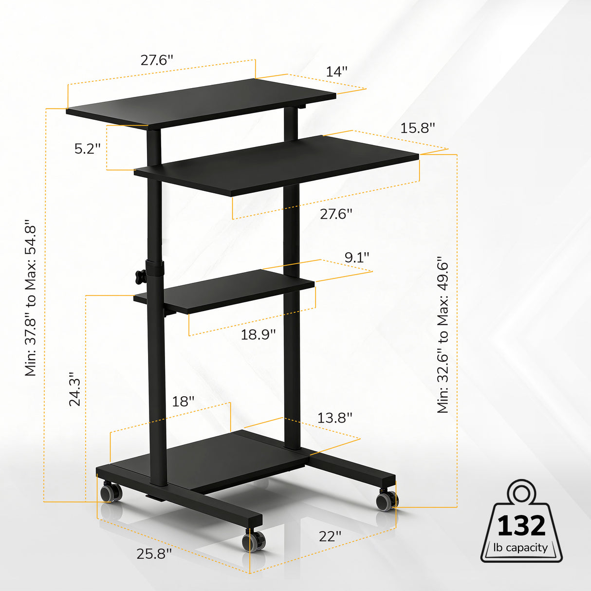 The Mount-It! Height Adjustable Rolling Stand up Desk is a black mobile desk with four shelves of different sizes and adjustable heights, labeled dimensions, caster wheels for easy movement, and supports up to 132 lbs.