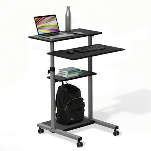 The Mount-It! Height Adjustable Rolling Stand up Desk in black features locking casters, a modern compact design, and easy mobility. It holds a laptop, water bottle, keyboard, mouse, three books, and has a lower shelf for a black backpack.