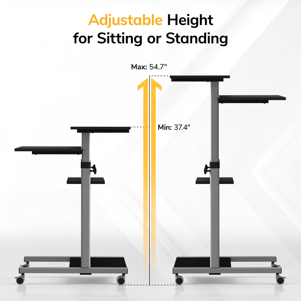 Two Mount-It! Height Adjustable Rolling Stand up Desks side by side, each with locking casters and height adjustment—left at 37.4", right at 54.7". Text above: Adjustable Height for Sitting or Standing.