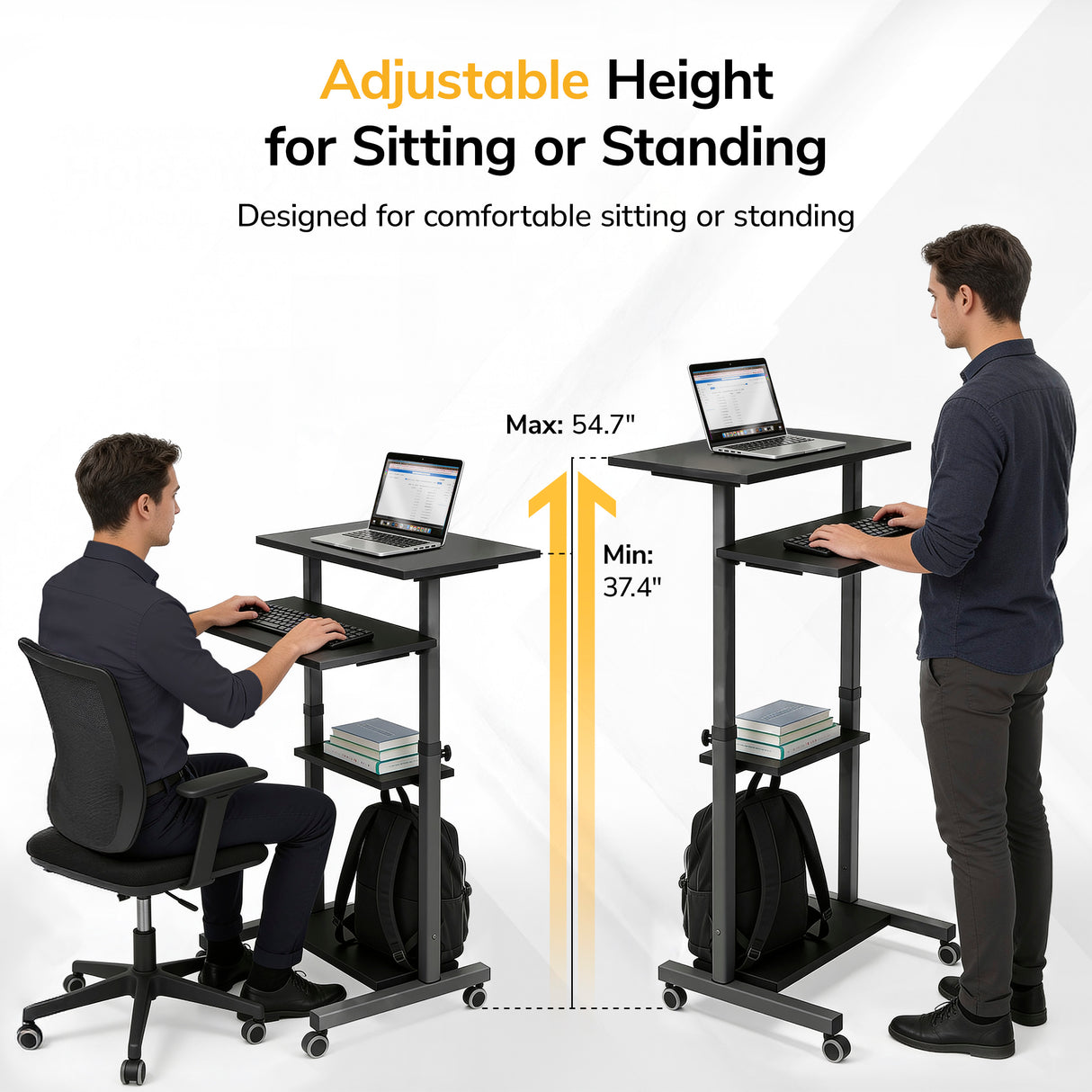 Two men use the Mount-It! Height Adjustable Rolling Stand up Desk—one seated, one standing. The desk's height adjusts from 37.4" to 54.7", with locking casters and space for a laptop, books, and a bag for versatile comfort.