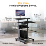 The Mount-It! Height Adjustable Rolling Stand up Desk features locking casters, multiple shelves, and a compact design to hold your monitor, keyboard, printer, and tower—ideal for modern offices.