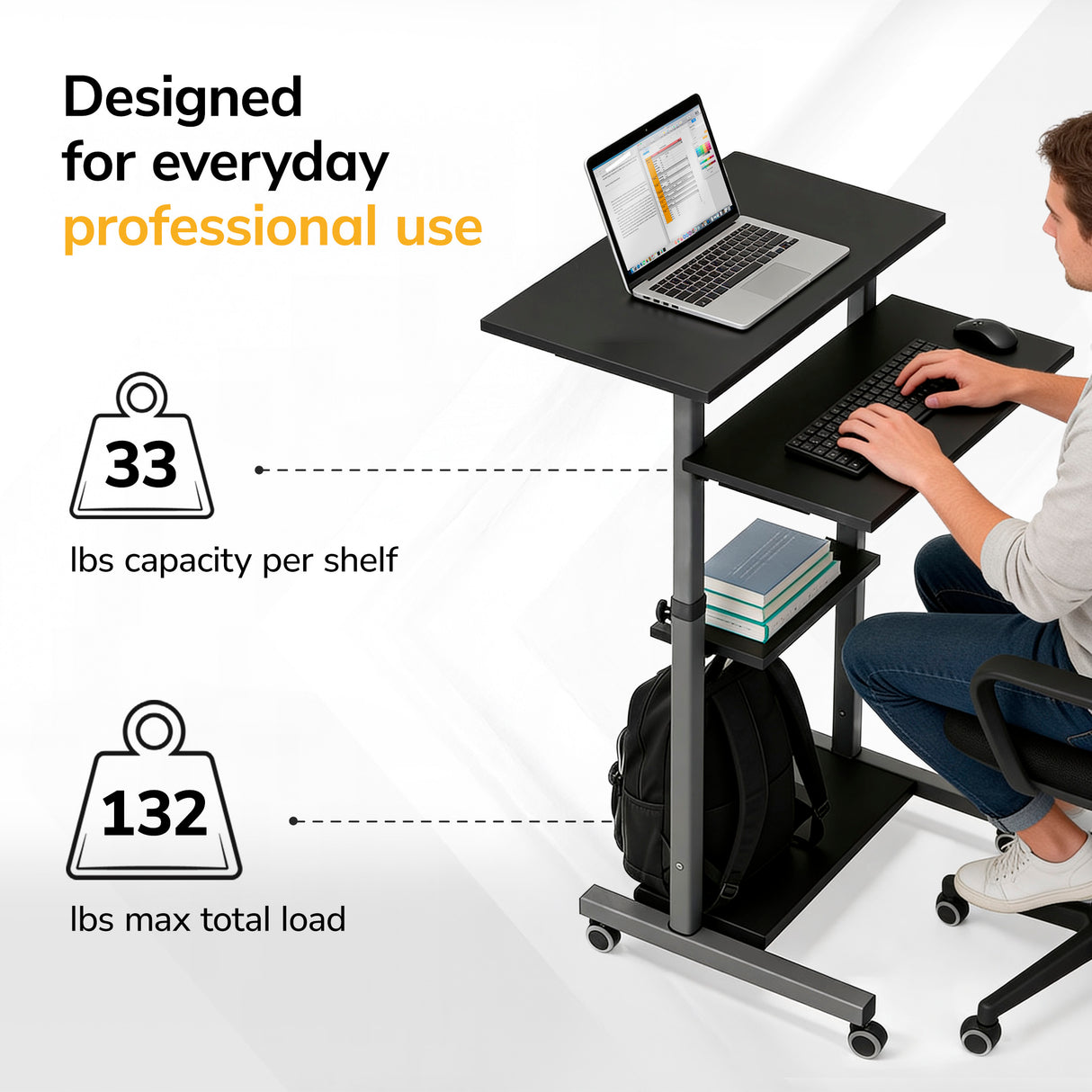 A man uses the Mount-It! Height Adjustable Rolling Stand up Desk in black, with a laptop and keyboard. The mobile desk features locking casters, holds 33 lbs per shelf and 132 lbs max load, and has a backpack on its lower shelf.