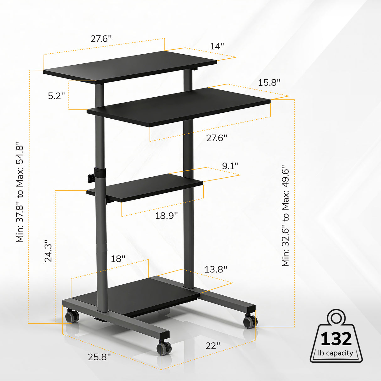 The Mount-It! Height Adjustable Rolling Stand up Desk features four adjustable shelves of varying sizes (dimensions in inches), locking casters for stability, and supports up to 132 lbs.