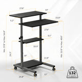The Mount-It! Height Adjustable Rolling Stand up Desk features four adjustable shelves of varying sizes (dimensions in inches), locking casters for stability, and supports up to 132 lbs.