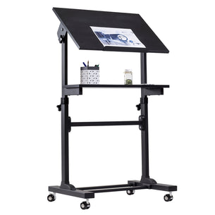 The Mount-It! Mobile Lectern Stand Up Desk is a black, height-adjustable drafting table on wheels with a tilted work surface for papers, a flat shelf with pencil holder and jar, suitable as a podium or desk, shown on a white background.