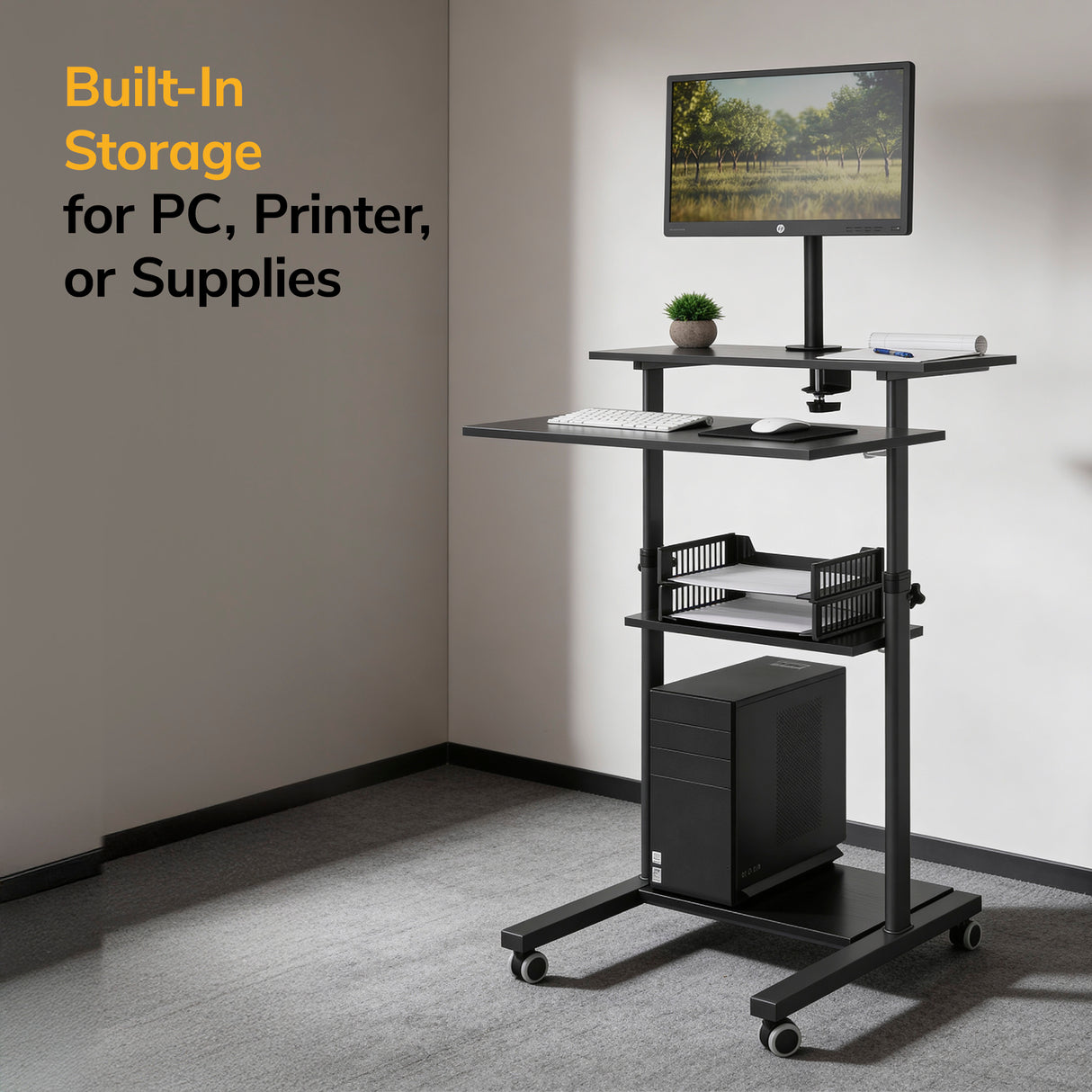 The Mount-It! Rolling Computer Work Station with Monitor Mount features built-in storage for a PC, printer, or supplies and holds your monitor, keyboard, and mouse—all in one compact unit for any room corner.