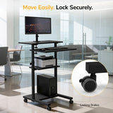 The Mount-It! Rolling Computer Work Station with Monitor Mount holds a monitor, keyboard, printer, and computer tower. An inset shows a locking brake on a desk wheel. Text reads: Move Easily. Lock Securely.