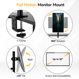 Infographic of the Mount-It! Rolling Computer Work Station with Monitor Mount, featuring a C-clamp, 360° rotation, ±15° tilt, and support for screens up to 32", shown in labeled images for your perfect workstation setup.
