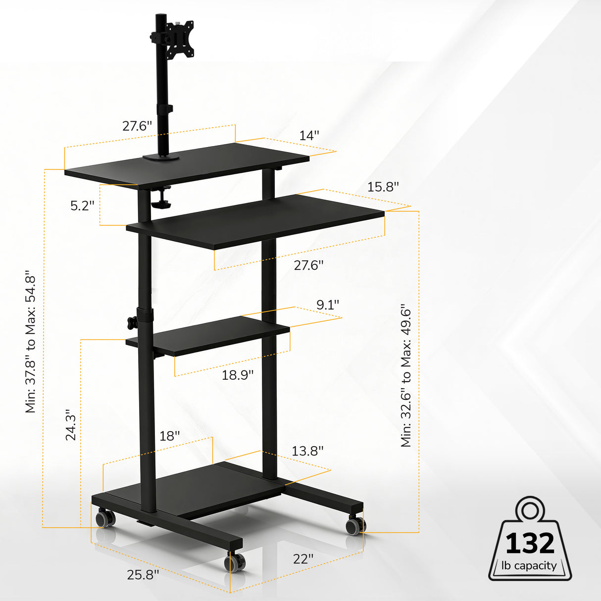 The Mount-It! Rolling Computer Work Station features a black, adjustable frame, four labeled shelves, caster wheels, and a monitor mount. Height adjusts from 32.6 to 49.6 in and supports up to 132 lbs—ideal for use as a mobile laptop station.