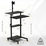 The Mount-It! Rolling Computer Work Station features a black, adjustable frame, four labeled shelves, caster wheels, and a monitor mount. Height adjusts from 32.6 to 49.6 in and supports up to 132 lbs—ideal for use as a mobile laptop station.